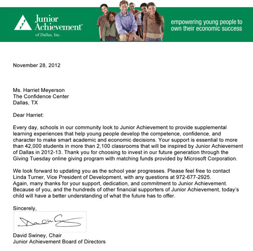 Junior Achievement Thank You Letter to Confidence Center